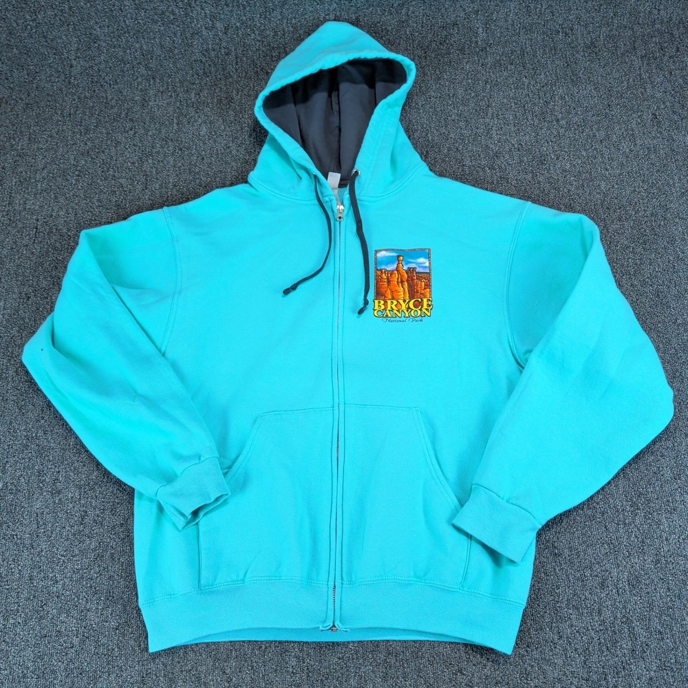 Fruit of the Loom Bryce Canyon National Park Zip Hoodie Mens L Teal Utah Graphic